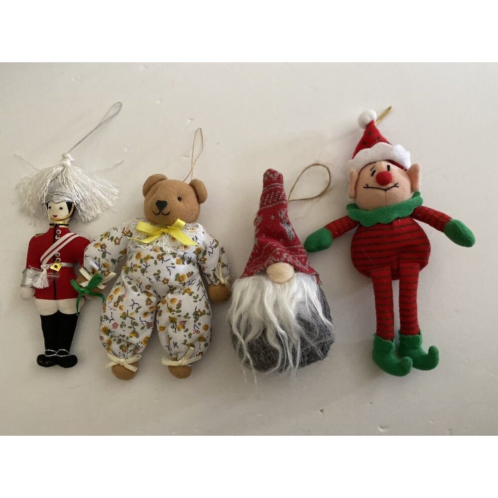 Vintage Stuffed Cloth Christmas Ornaments Lot of 4 Bear Elf Soldier Gnome